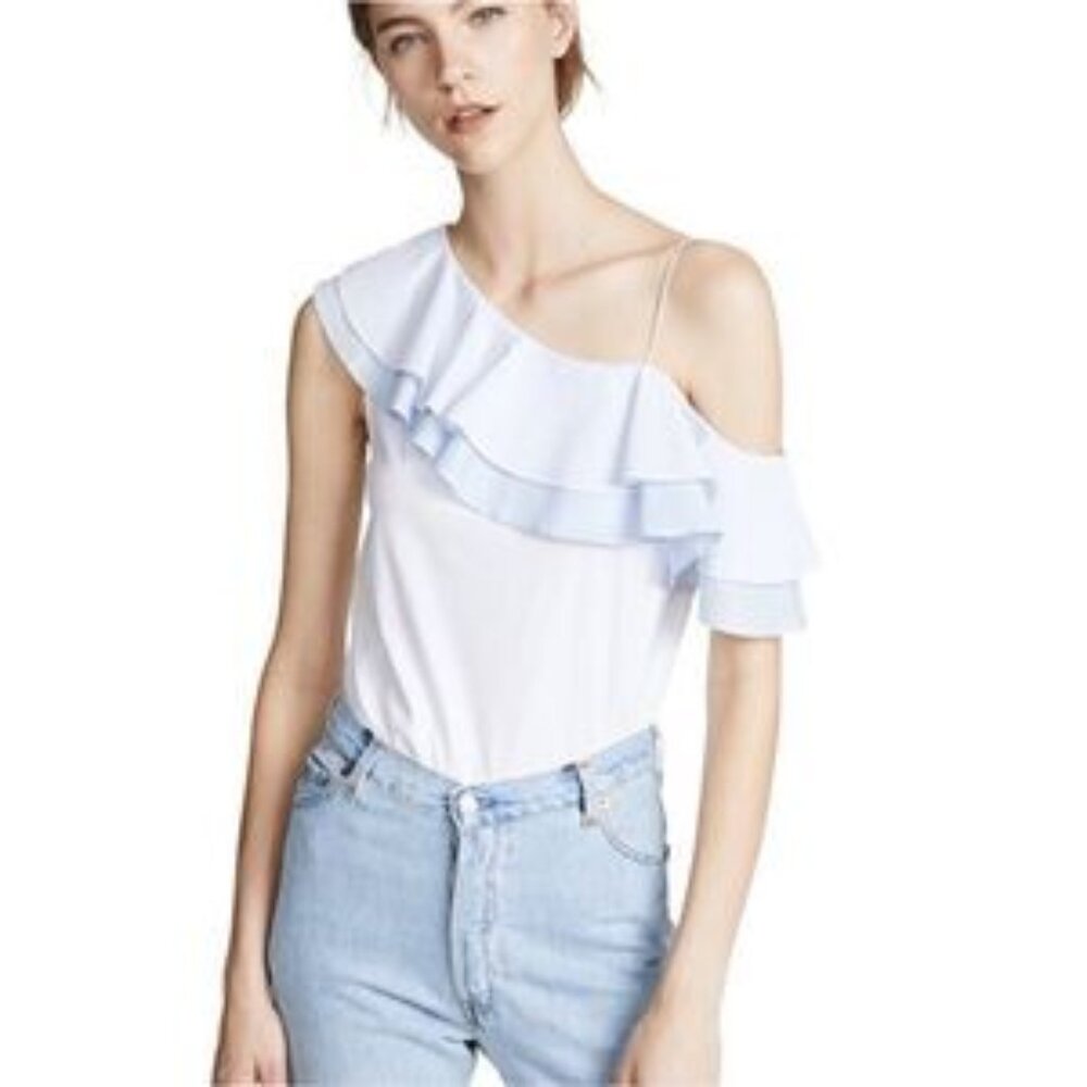 MOVING SALE- Club Monaco White and Blue Ruffled off the Shoulder Tank Top